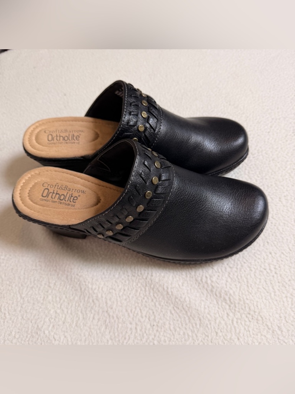 croft & barrow Black Leather Slip-On Studded Clog Mules
